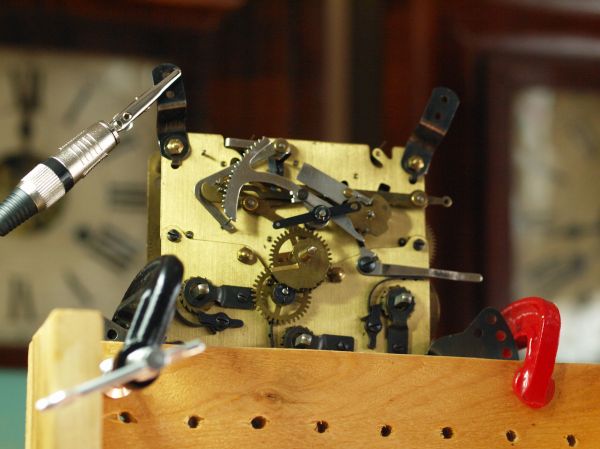 Girod movement on test stand,TimeTrax beat amplifier attached to movement.