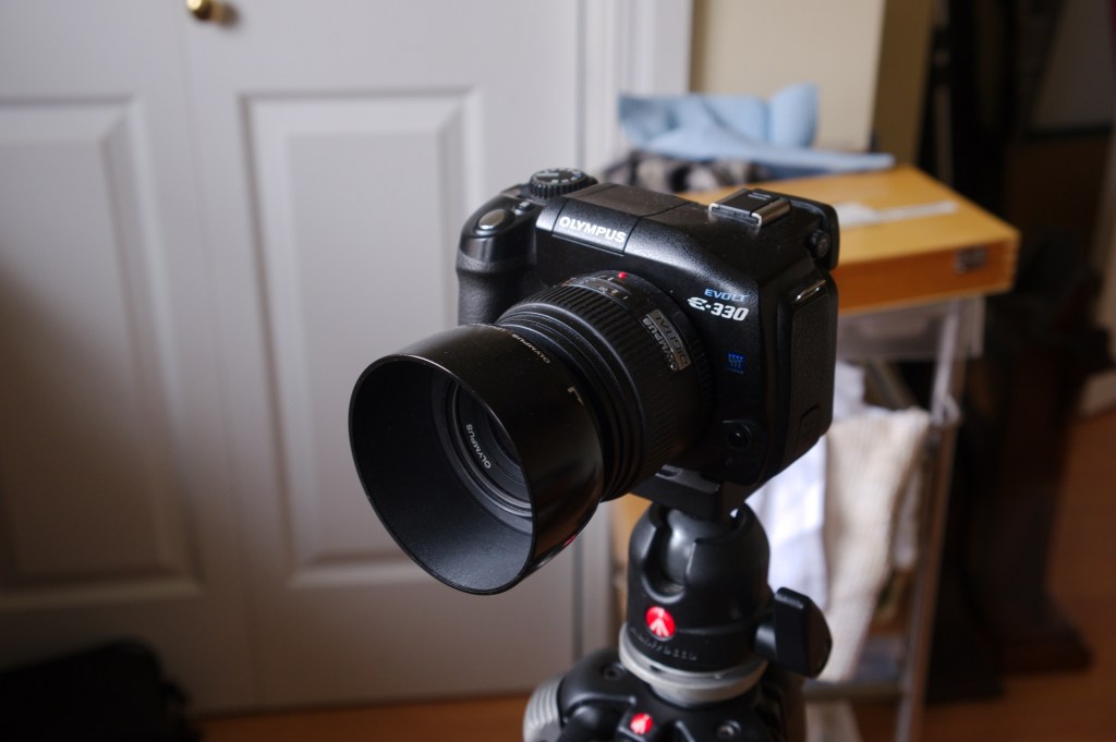 Olympus E330 with 50 mm macro lens on a tripod